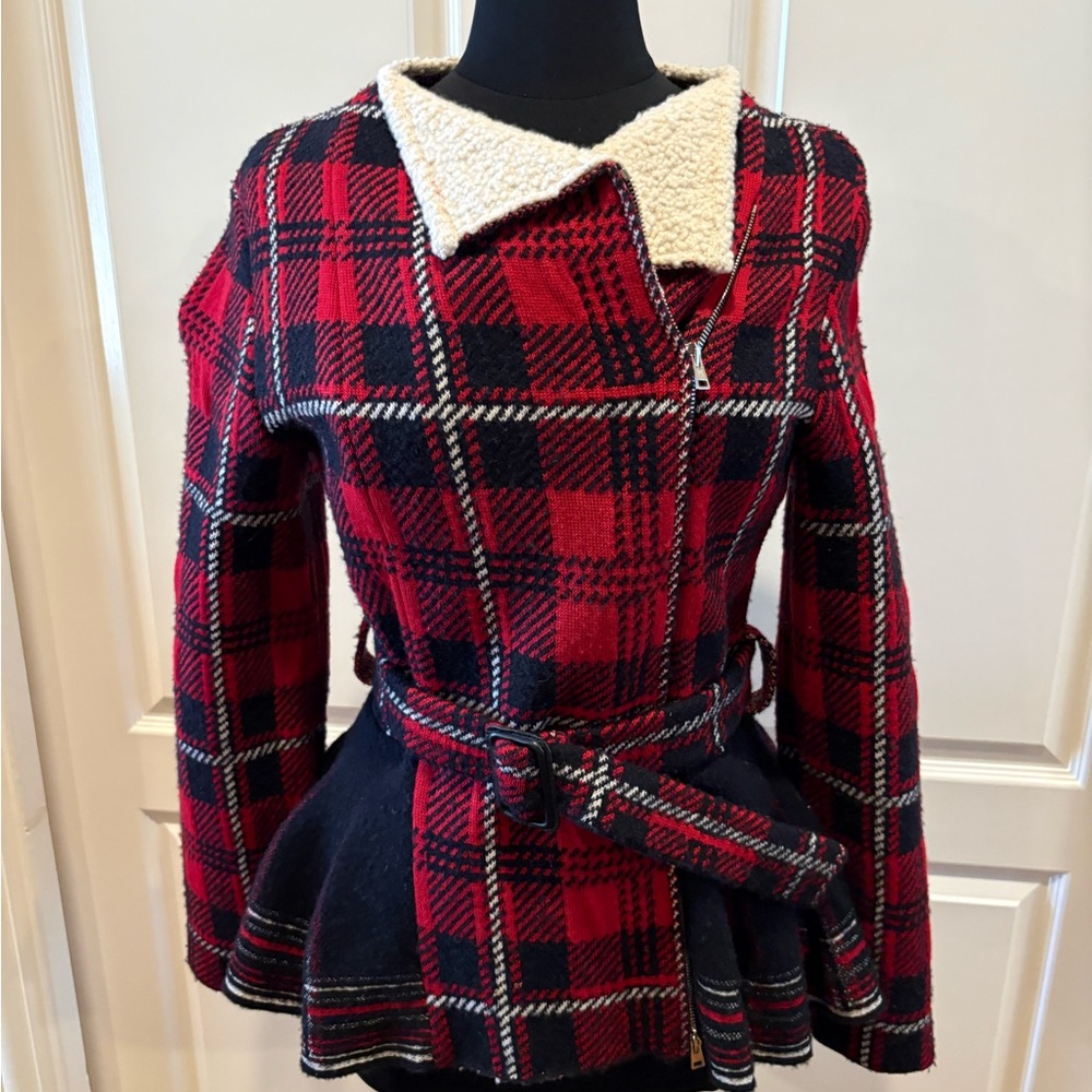 M by Missoni Red and Black Checkered Teddy Jacket
